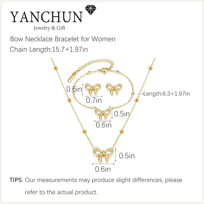 YANCHUN Bow Necklace Earrings Bracelet Gold Jewelry Set Trendy Bowknot Ribbon Choker Necklace for Women Bow Stuff for Valentines Day Gifts