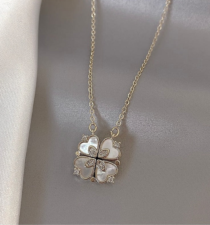 Sterling Silver Magnetic Shell Folding Four Leaf Clover Necklace