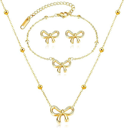 YANCHUN Bow Necklace Earrings Bracelet Gold Jewelry Set Trendy Bowknot Ribbon Choker Necklace for Women Bow Stuff for Valentines Day Gifts