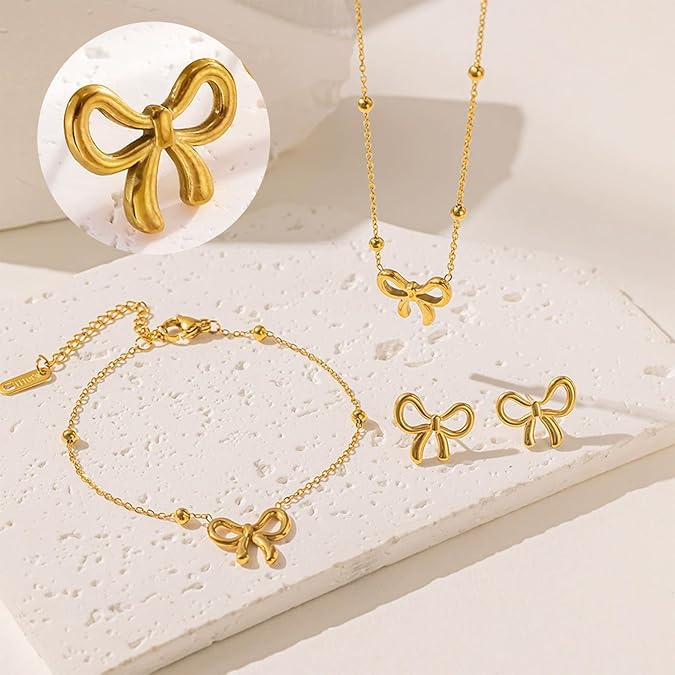 YANCHUN Bow Necklace Earrings Bracelet Gold Jewelry Set Trendy Bowknot Ribbon Choker Necklace for Women Bow Stuff for Valentines Day Gifts