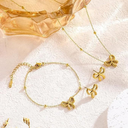 YANCHUN Bow Necklace Earrings Bracelet Gold Jewelry Set Trendy Bowknot Ribbon Choker Necklace for Women Bow Stuff for Valentines Day Gifts
