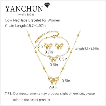 YANCHUN Bow Necklace Earrings Bracelet Gold Jewelry Set Trendy Bowknot Ribbon Choker Necklace for Women Bow Stuff for Valentines Day Gifts