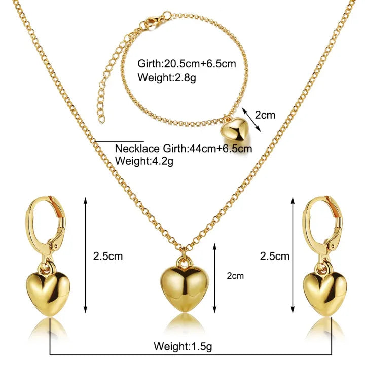 【Buy with eyes closed】Enacolor 4Pcs Elegant Gold Metal Heart Necklace Earrings for Women Girl Party Valentine's Day Gift Jewelry Set New