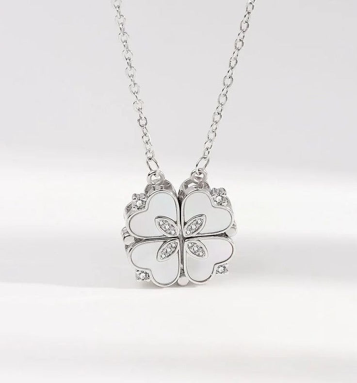 Sterling Silver Magnetic Shell Folding Four Leaf Clover Necklace