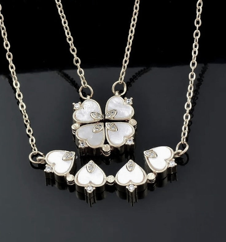 Sterling Silver Magnetic Shell Folding Four Leaf Clover Necklace