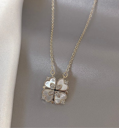 Sterling Silver Magnetic Shell Folding Four Leaf Clover Necklace