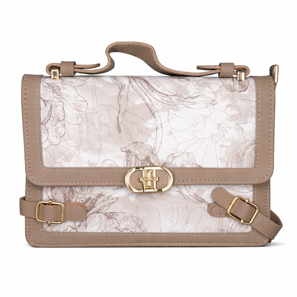 Elegant Taupe Handbag with Gold Lock – Stylish & Sophisticated