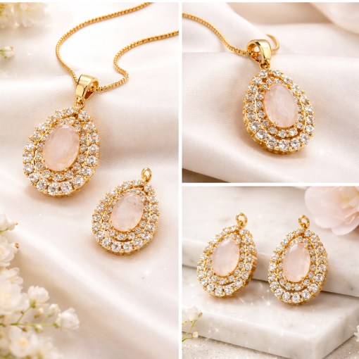 Gold Finish Ruby/Pink Cubic Zirconia 2Piece Jewelry Set